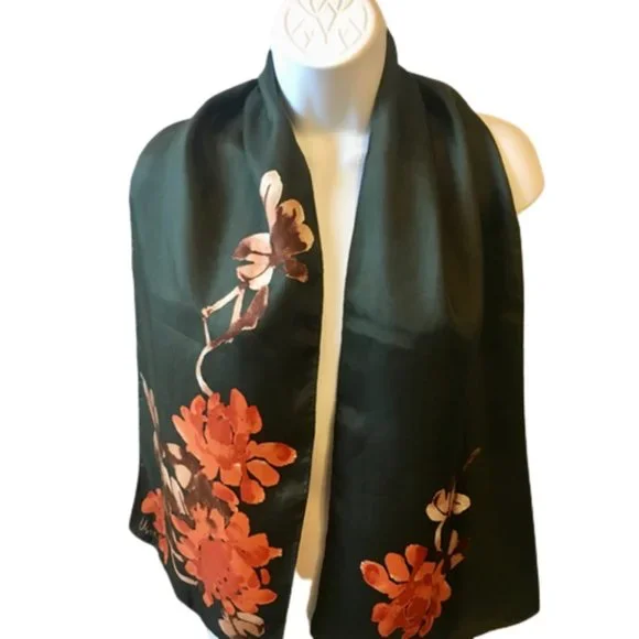 Scarf Vera Neumann Forest Green Orange Brown Watercolor Floral Oblong - Picture 3 of 8
